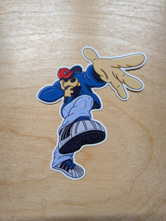 A vinyl sticker of a cartoon dog styled after Fred Durst from Limp Bizkit. The dog wears a signature backwards red cap and an oversized blue and white 90s-style sports jersey, capturing the 'Significant Other' album era aesthetic. Shown on a wooden surface.