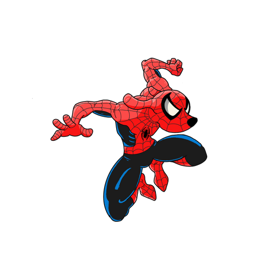 A die-cut vinyl sticker of a stylized, cartoonish Spider-Man. The character is depicted with a rounder, stocky build in his classic red and blue suit with large white eyes. He is in a dynamic crouching pose with one hand on the ground.