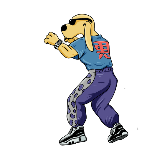 A die-cut vinyl sticker of a cartoon dog dressed as the Tekken character King in his casual outfit. The dog wears a light blue t-shirt with red Japanese text and purple track pants.